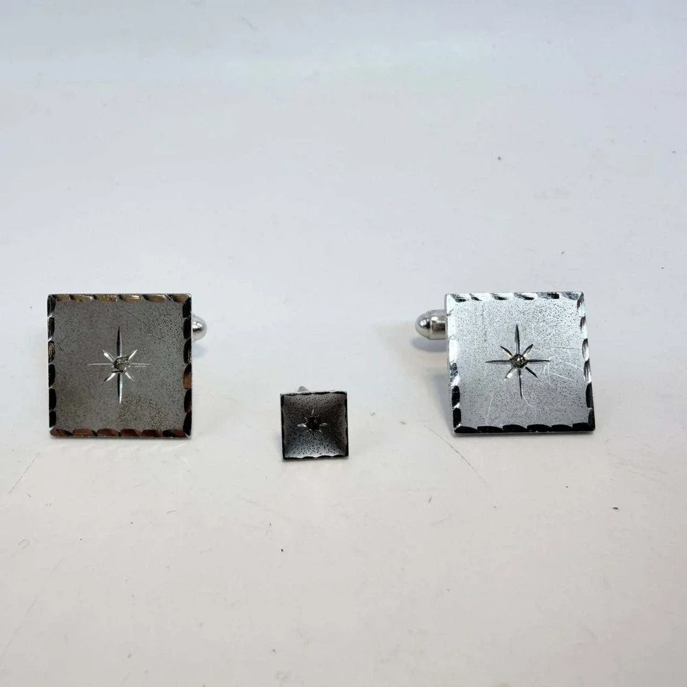 Anson Sterling Silver Cufflinks Tie Tack Set Vintage Mid Century Starburst Stone